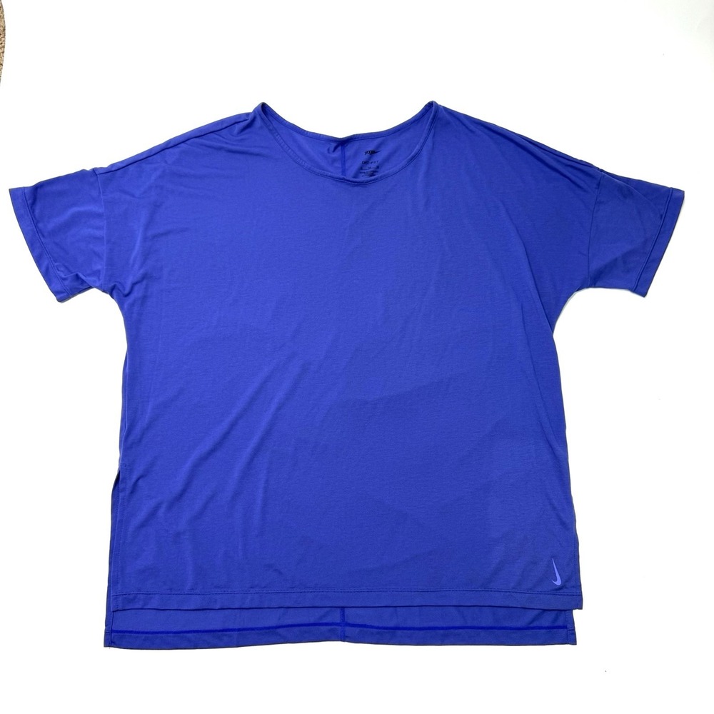 Nike Womens Dri-Fit Yoga Short Sleeve Training Top T-Shirt XL Purple/Blue 2023